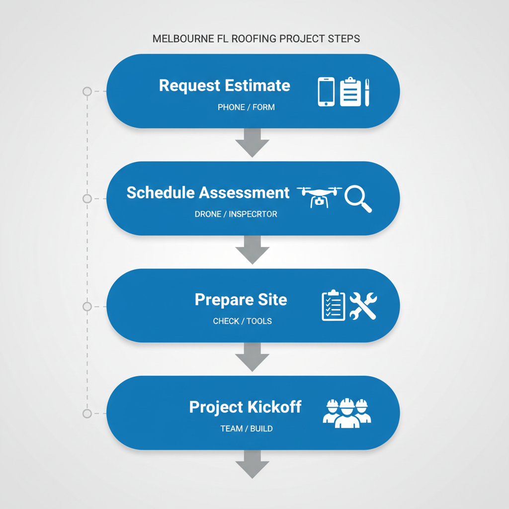 Vertical process flow diagram showing four steps to start a roofing project: request estimate, schedule assessment, prepare site, and project kickoff with icons and arrows.
