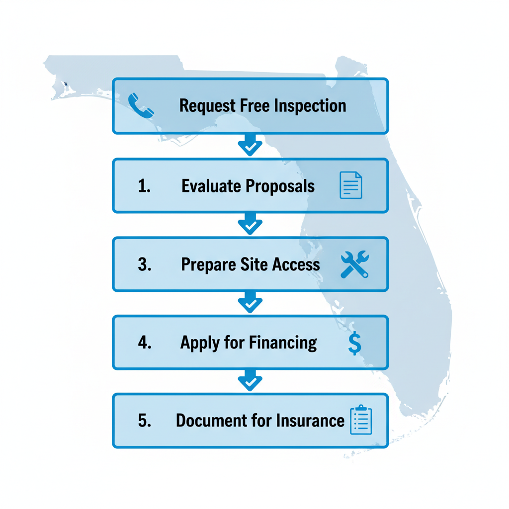 Vertical process flow diagram for starting a roofing project in Melbourne with five steps including inspection and financing.