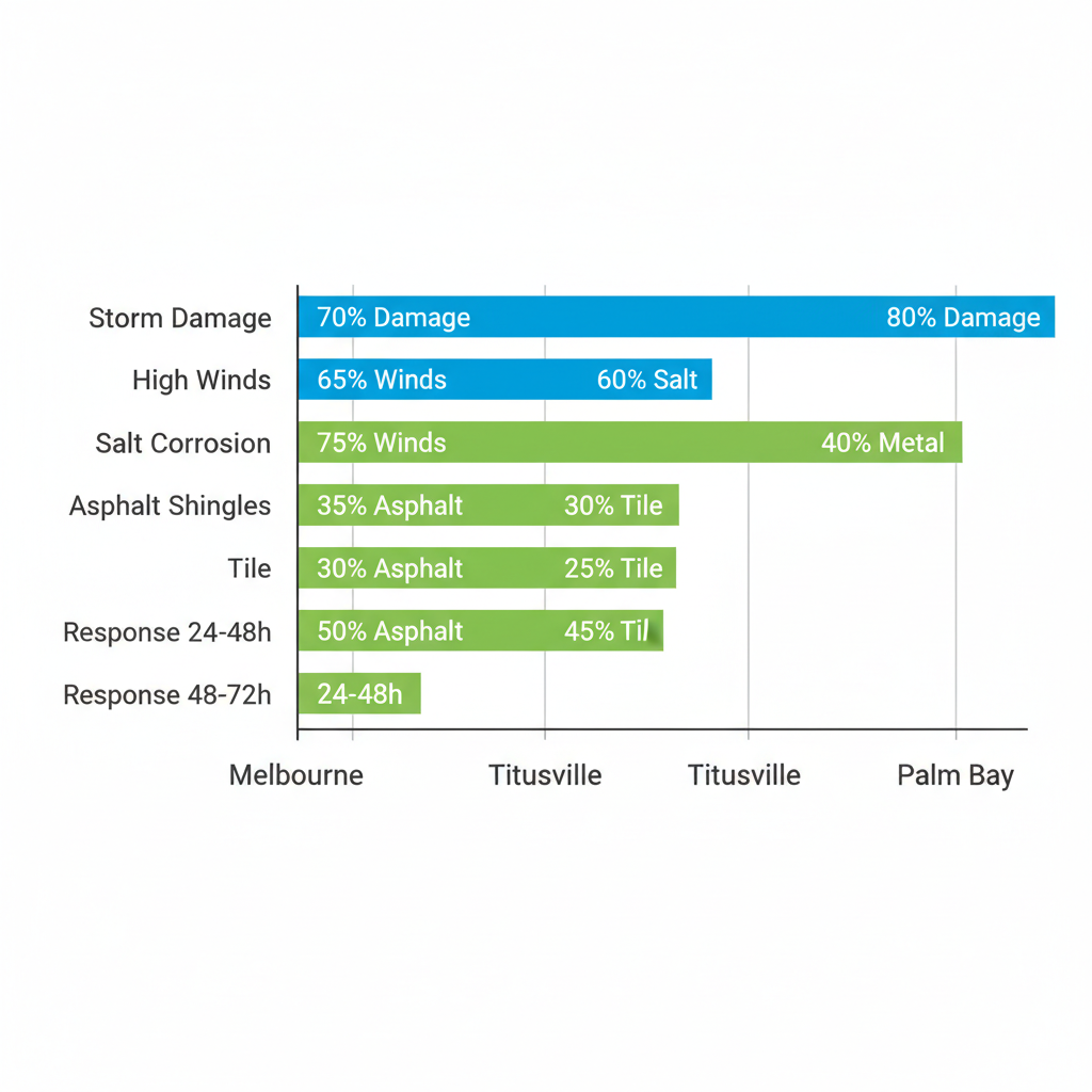 Horizontal bar chart comparing roofing challenges, materials, and response times in Brevard County areas: Melbourne, Titusville, Palm Bay