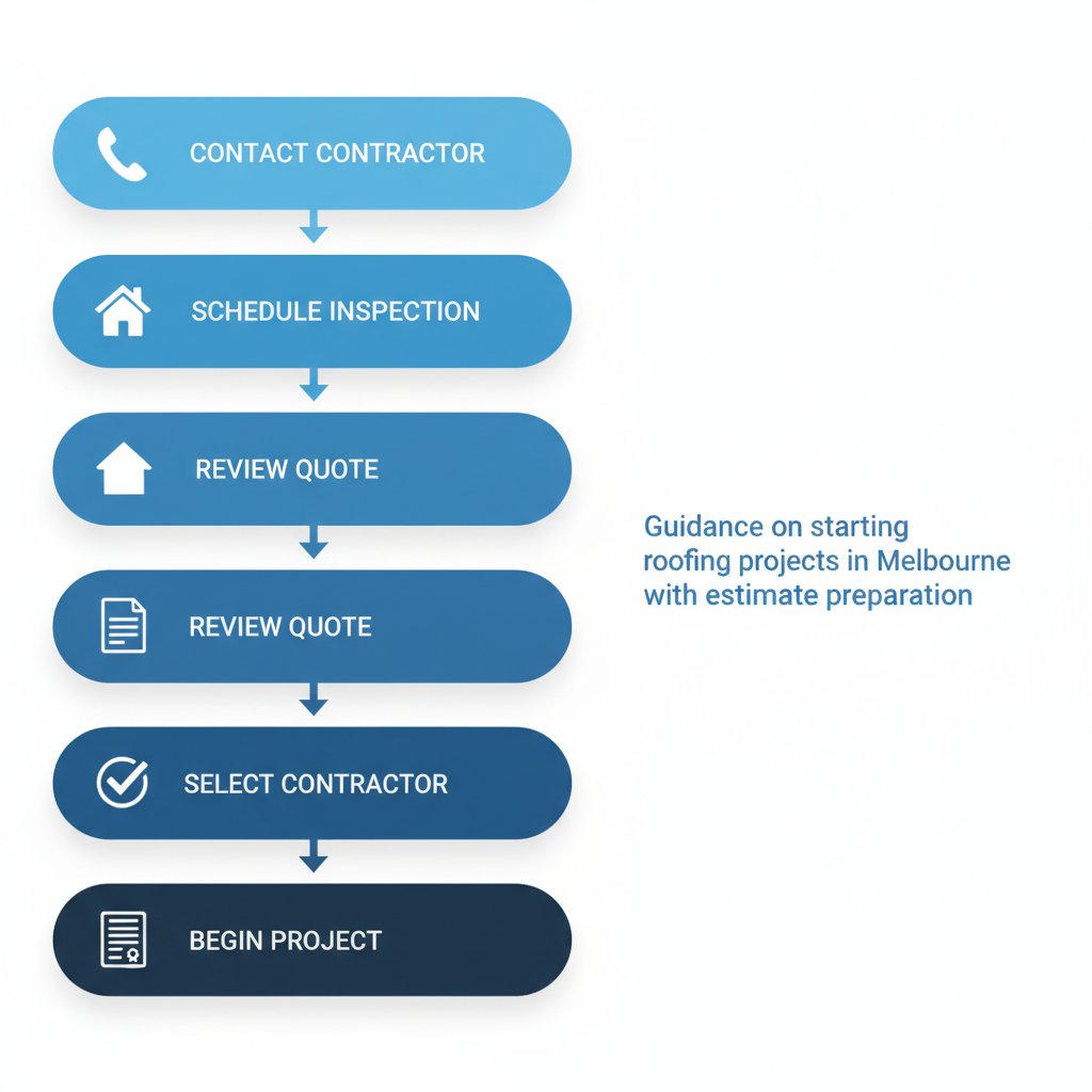 Vertical process flow diagram outlining five steps to initiate a roofing project in Melbourne