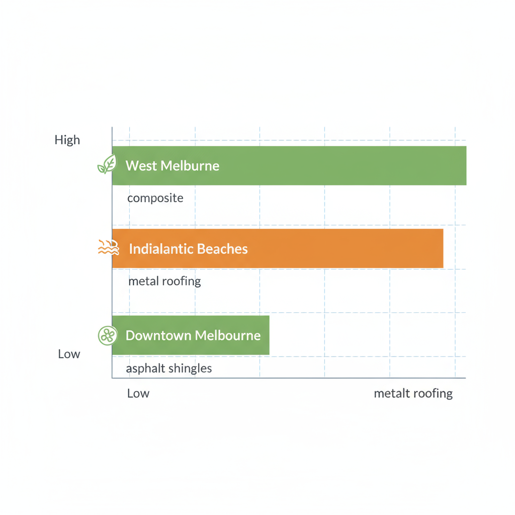 Horizontal bar chart showing roofing challenges severity in Melbourne neighborhoods with icons and material recommendations