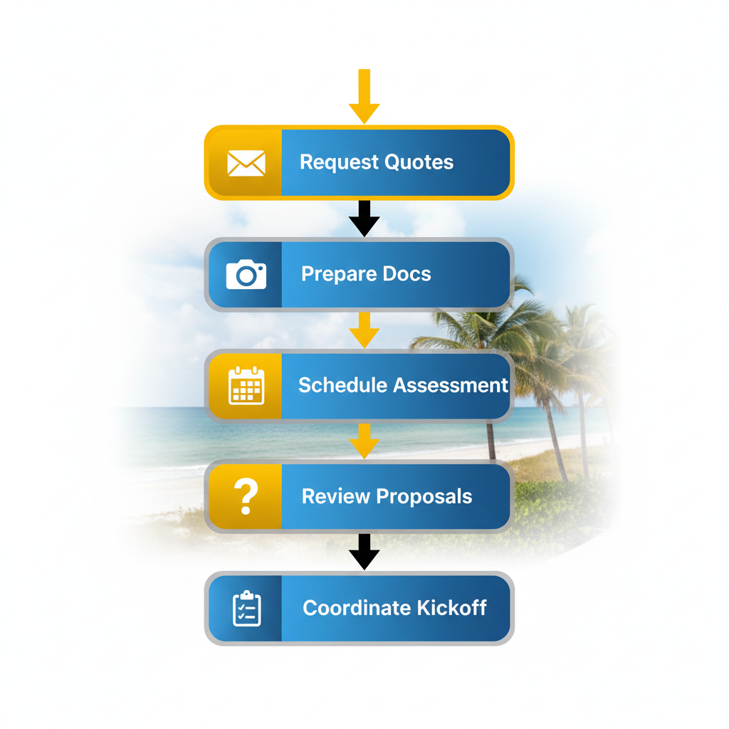 Vertical process flow diagram showing 5 steps to start a roofing project: request quotes, prepare documentation, schedule assessment, review proposals, and coordinate kickoff.