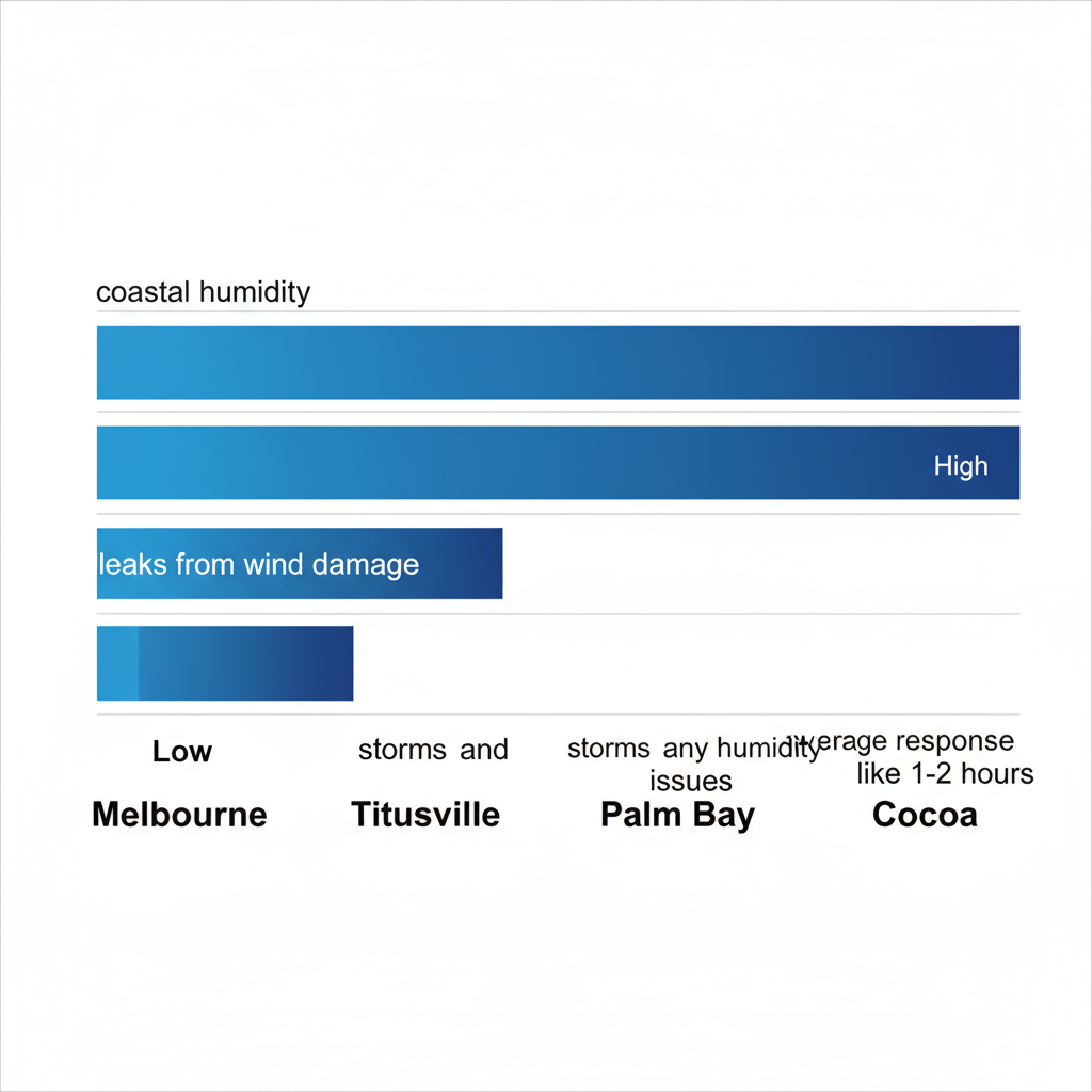 Horizontal bar chart illustrating roofing challenges in Brevard County areas Melbourne, Titusville, Palm Bay, and Cocoa with blue gradient bars showing impact levels and sub-labels for climate issues and response times.