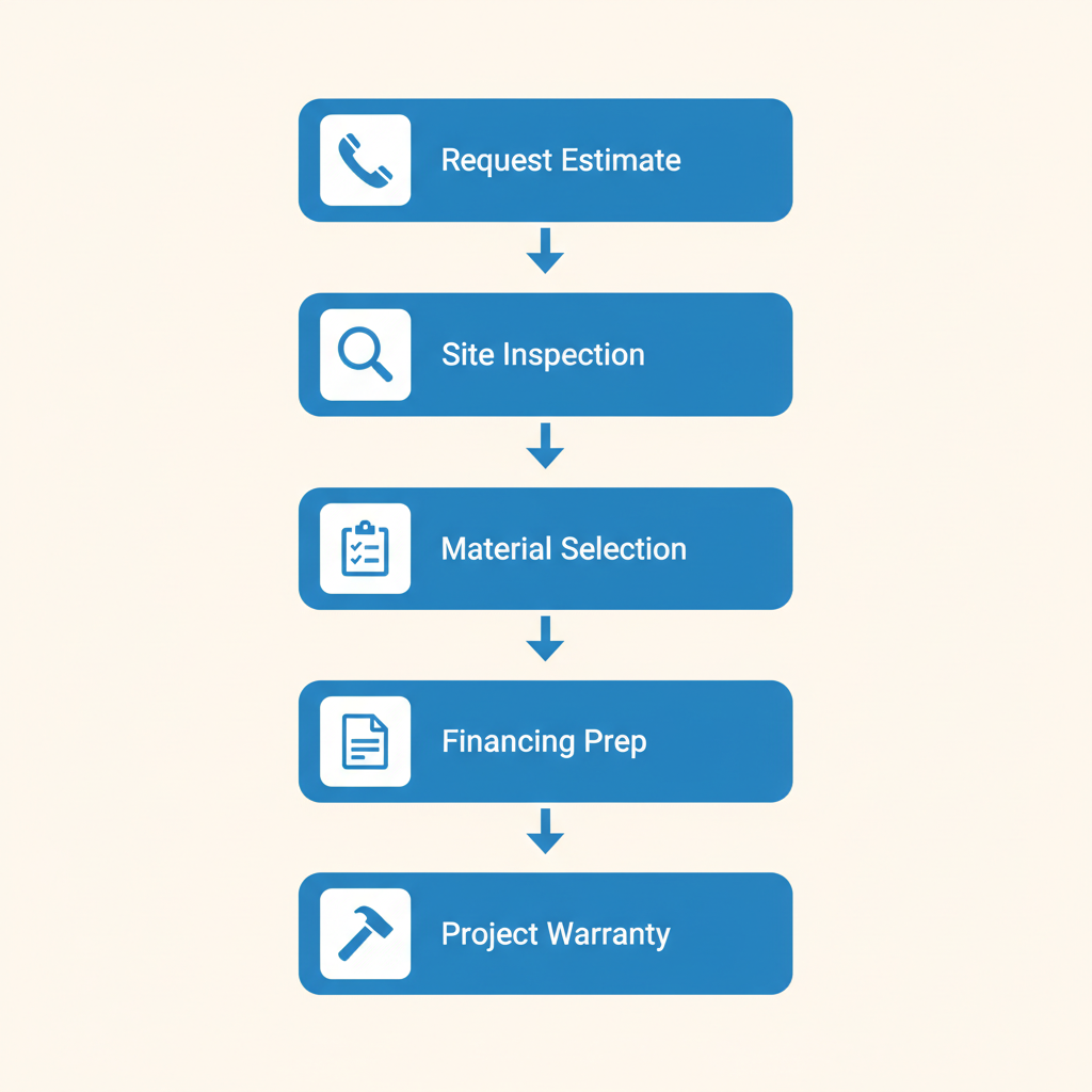 Vertical process flow diagram illustrating five key stages of starting a roofing project with icons and brief labels.