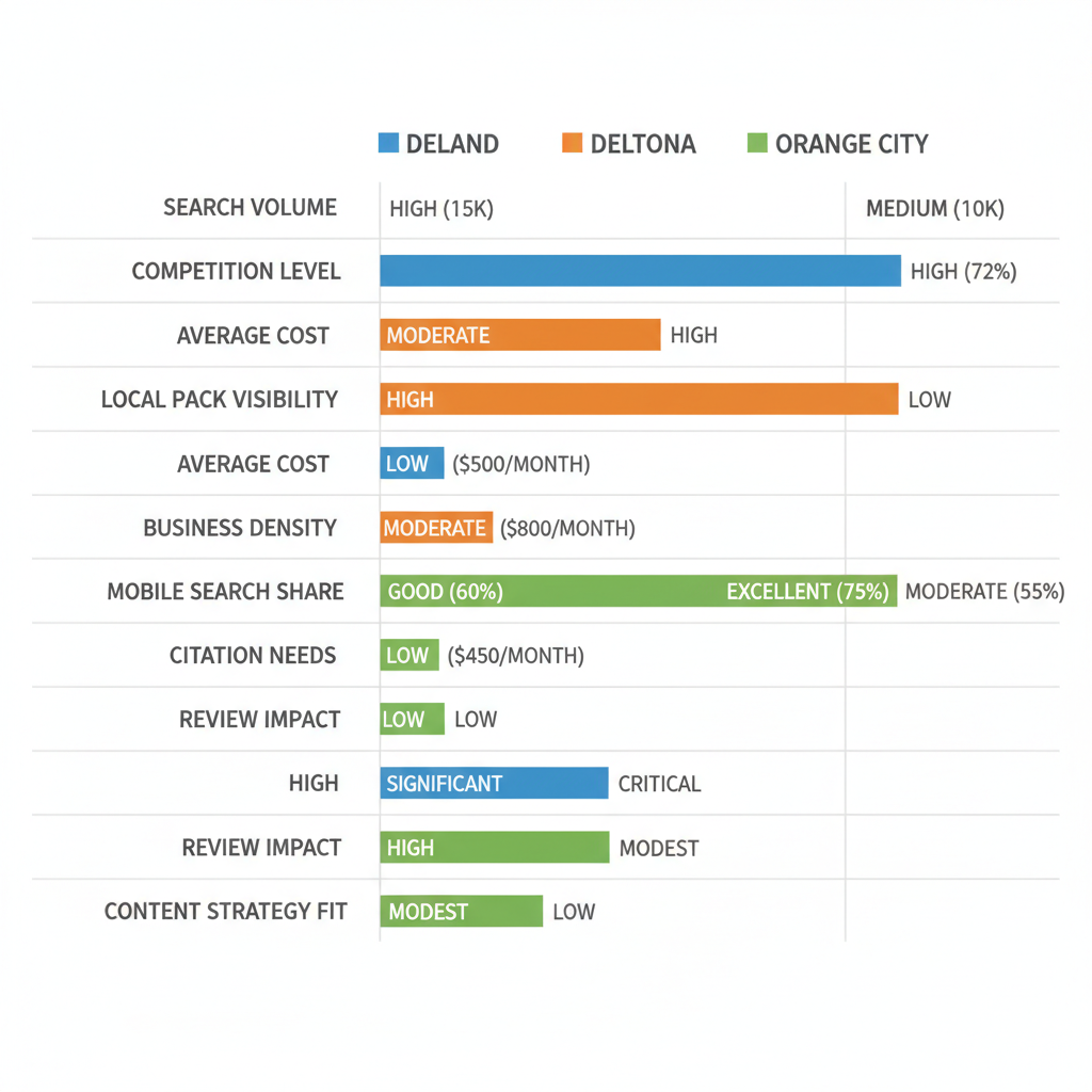 Horizontal bar chart comparing key SEO factors such as search volume and competition across DeLand, Deltona, and Orange City