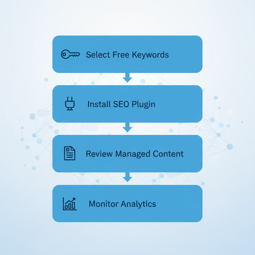 Vertical process flow diagram illustrating four steps to implement SEO: select keywords, install plugin, review content, and monitor analytics.