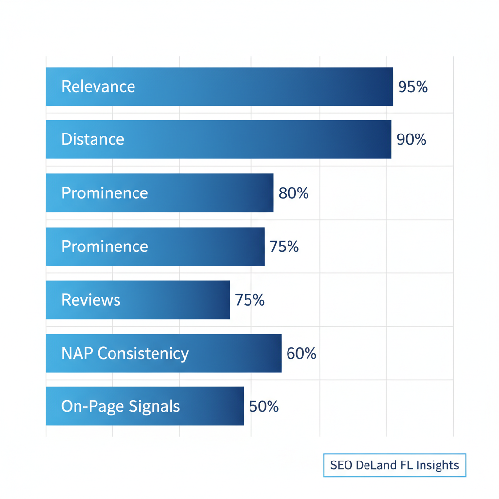 Horizontal bar chart illustrating key local SEO ranking factors and their estimated impact weights for DeLand businesses