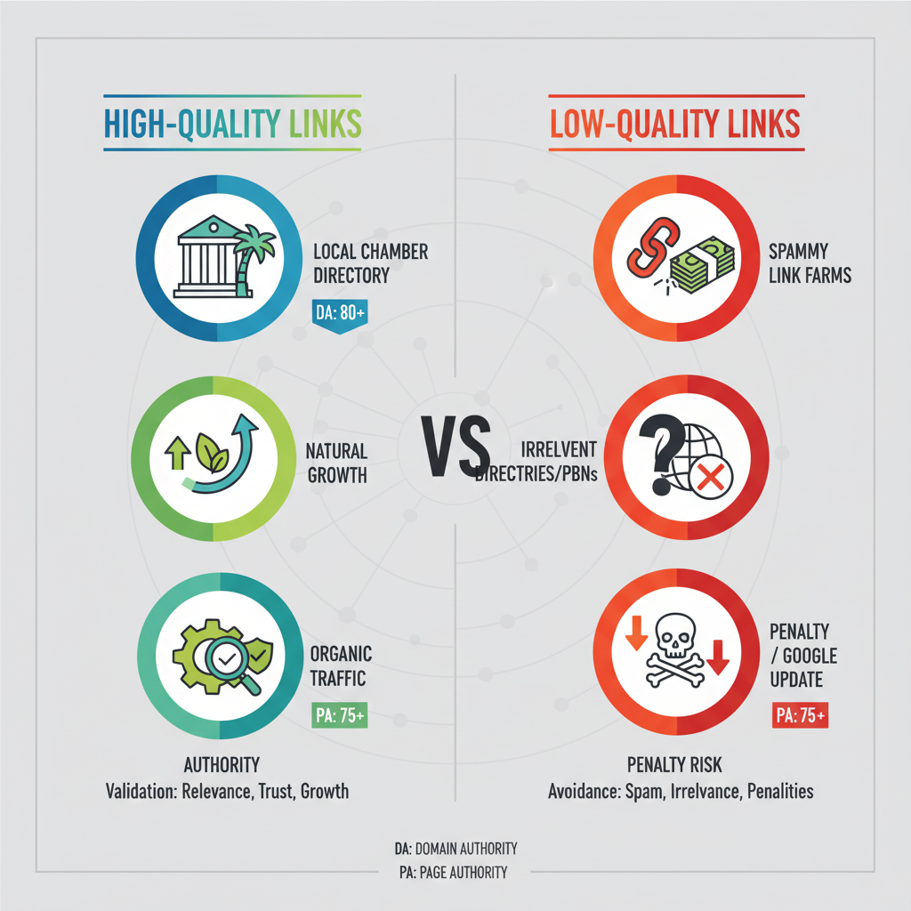Infographic comparing high-quality and low-quality backlinks for DeLand businesses, highlighting relevance, authority, and risks