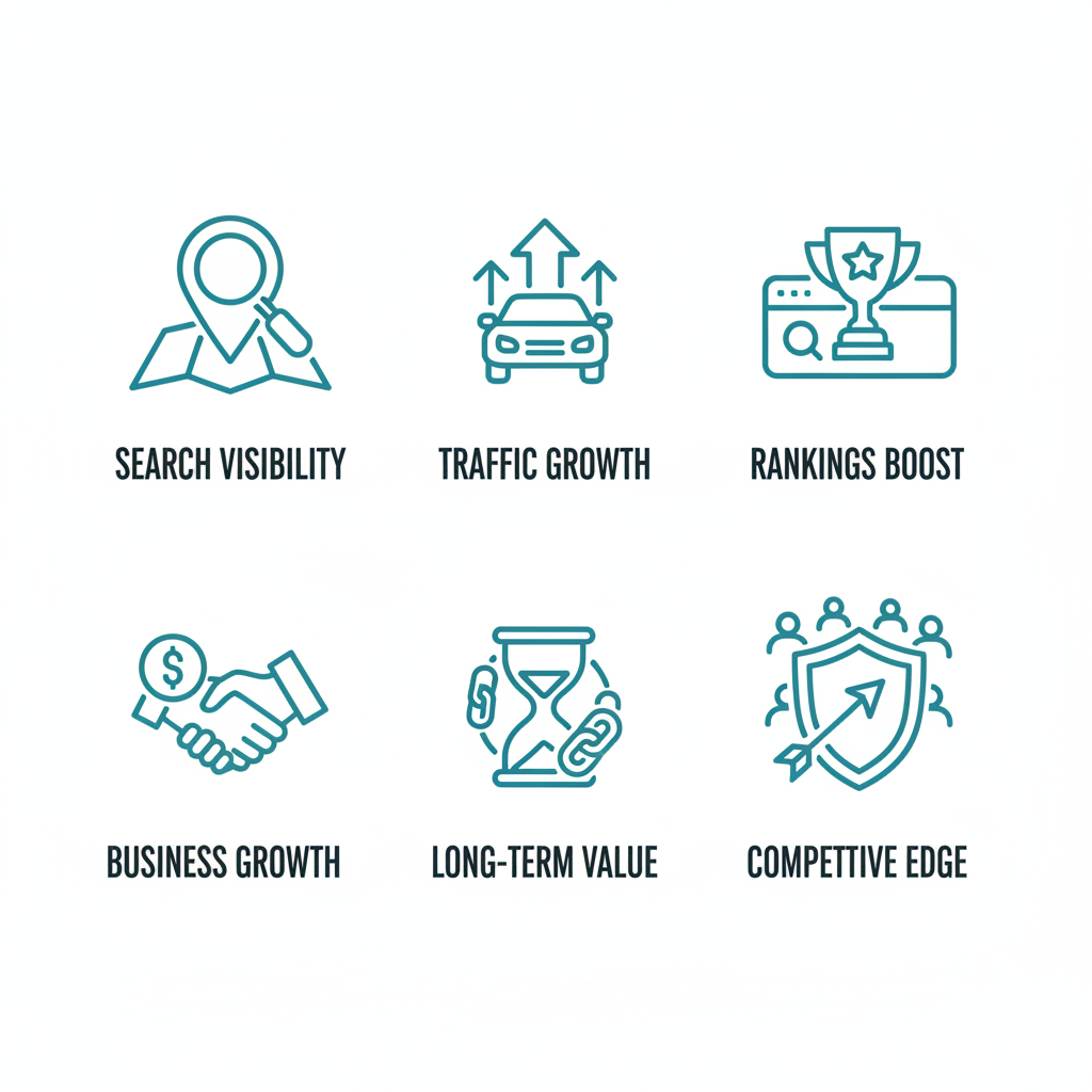 Set of six icons illustrating benefits of quality link building including search visibility, traffic growth, rankings boost, business growth, long-term value, and competitive edge.