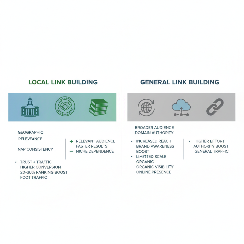 Infographic comparing local link building strategies in DeLand with general link building approaches