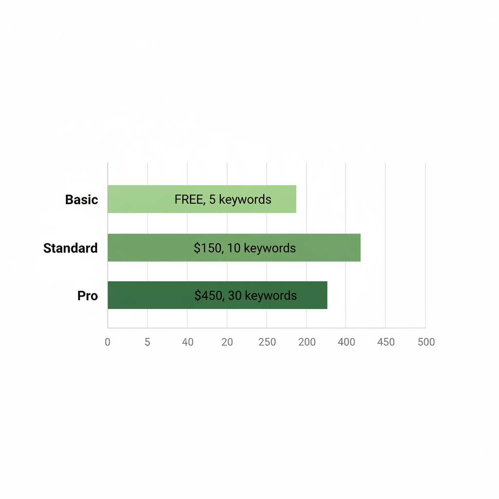 Horizontal bar chart comparing SEO pricing tiers: Basic free, Standard $150/month, Pro $450/month for Deltona businesses