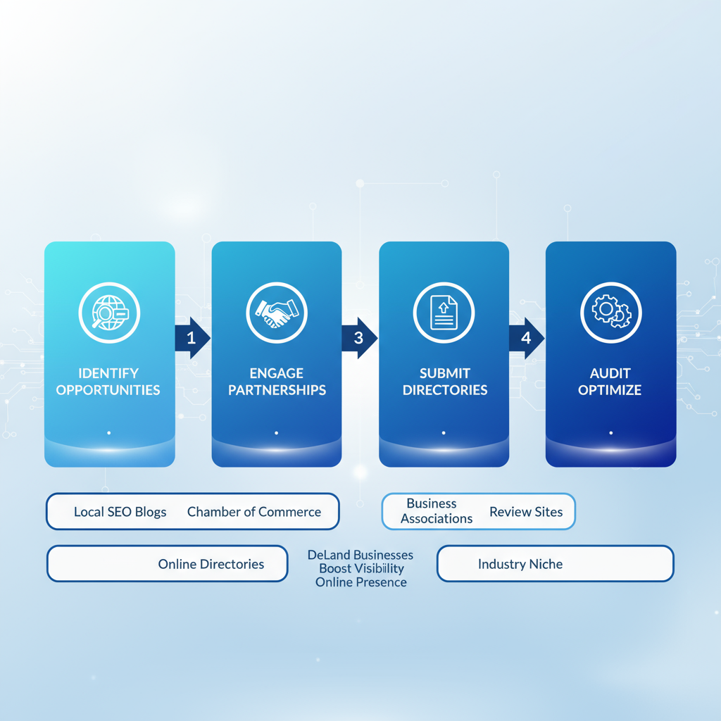 Horizontal process flow diagram showing four steps to acquire local backlinks: identify opportunities, engage in partnerships, submit to directories, and audit optimize.