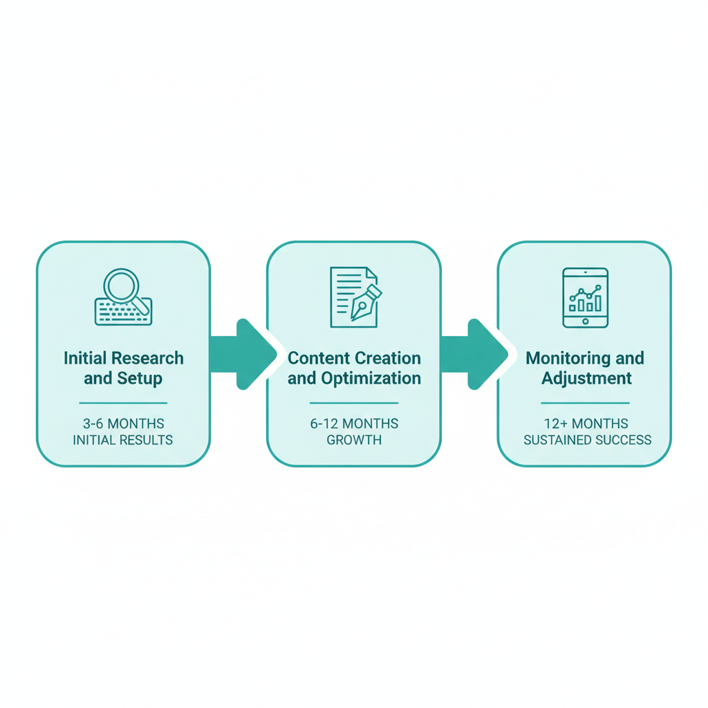 Horizontal process flow diagram outlining three key stages of local SEO implementation for Deltona businesses with icons and brief labels