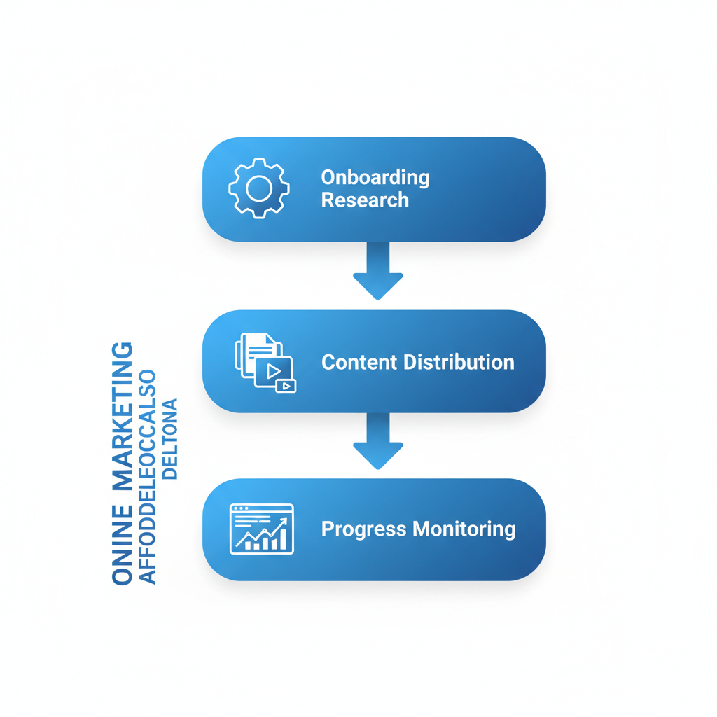 Vertical process flow diagram showing three stages of online marketing implementation with AffordableLocalSEO: onboarding and keyword research, content creation and distribution, monitoring and adjustments.