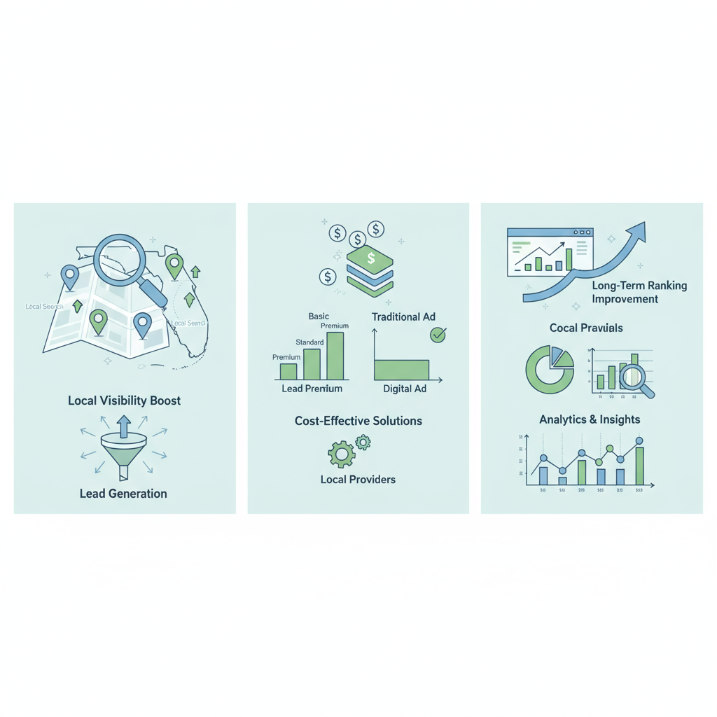 Infographic illustrating three key advantages of tailored digital marketing for Deltona firms: enhanced local visibility, cost-effective solutions, and sustained ranking growth.