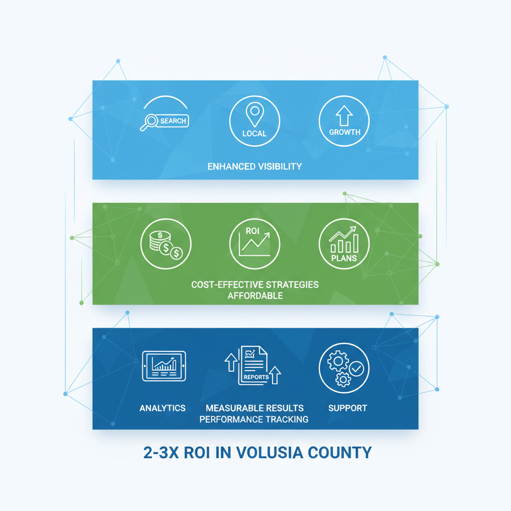 Infographic illustrating three key benefits of local digital marketing: enhanced visibility, cost-effective growth, and measurable results for Deltona businesses.