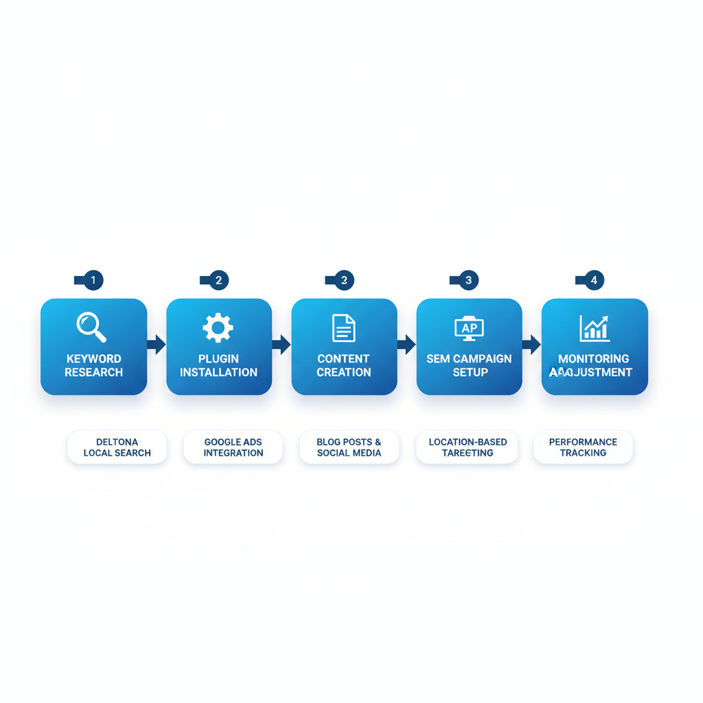 Horizontal process flow diagram illustrating five steps of digital marketing for Deltona businesses: keyword research to monitoring.