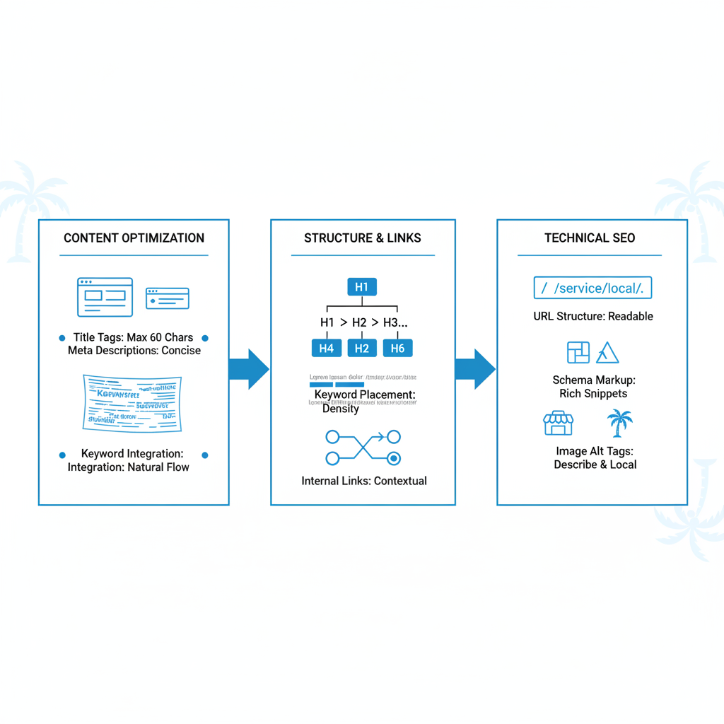 Infographic depicting key on-page SEO elements: title tags, content structure, and technical optimizations for local businesses
