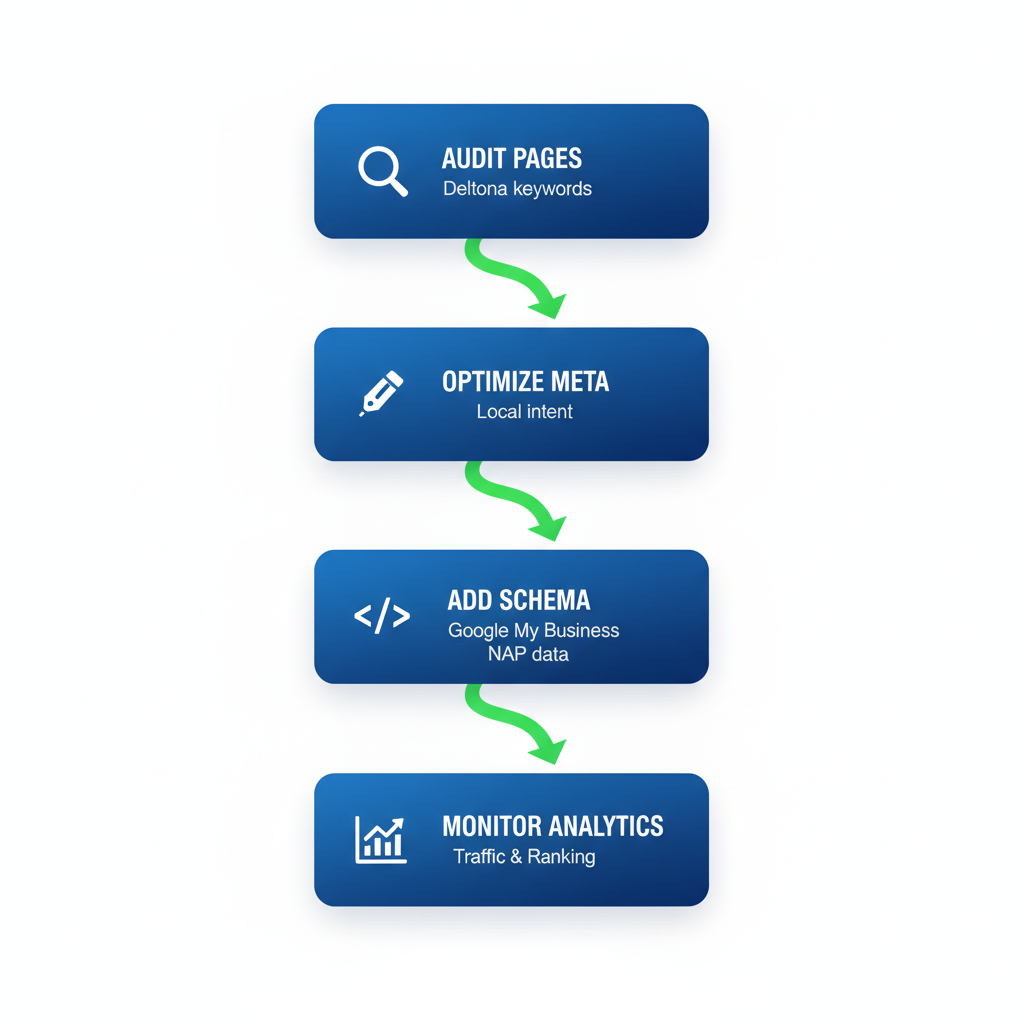 Vertical process flow diagram illustrating five key steps for implementing on-page SEO strategies with icons and local tips