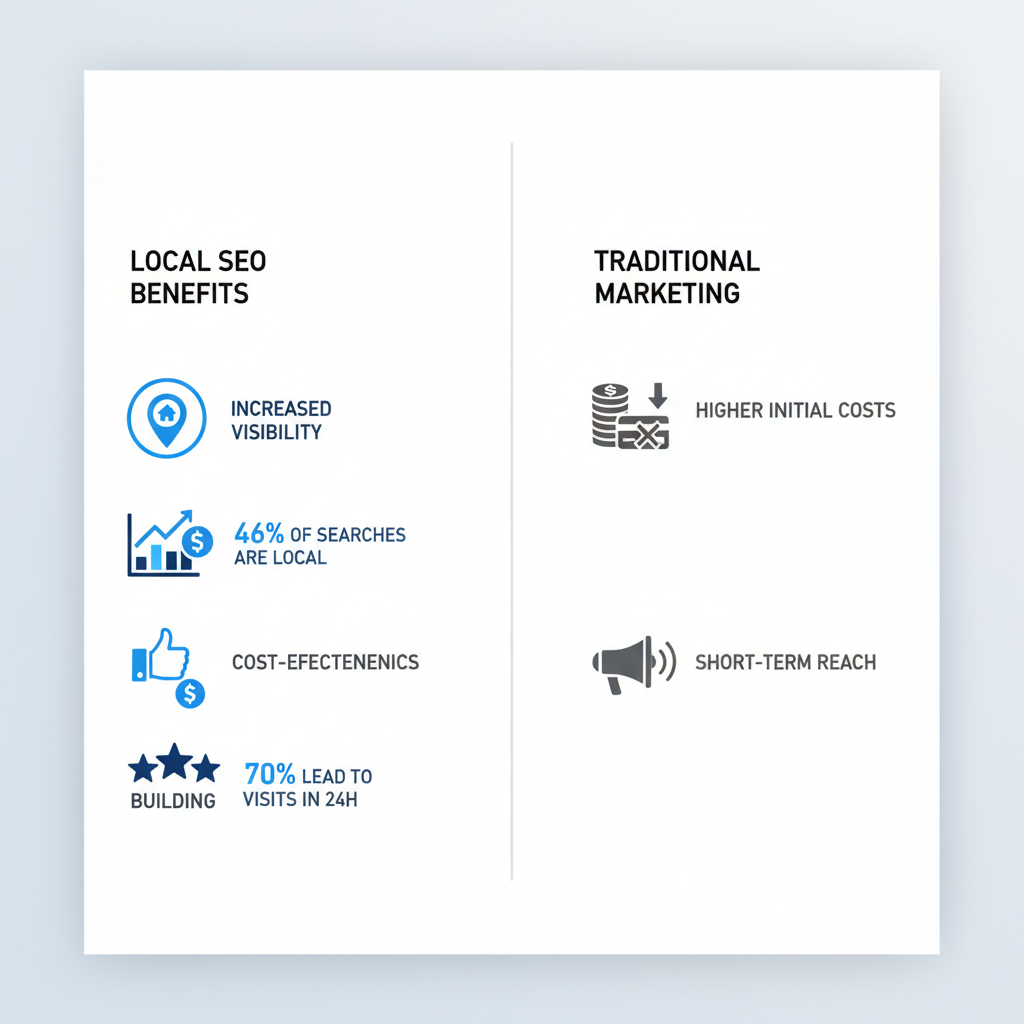 Infographic comparing local SEO benefits to traditional marketing for small businesses in Deltona, highlighting visibility, cost savings, and trust with key statistics.