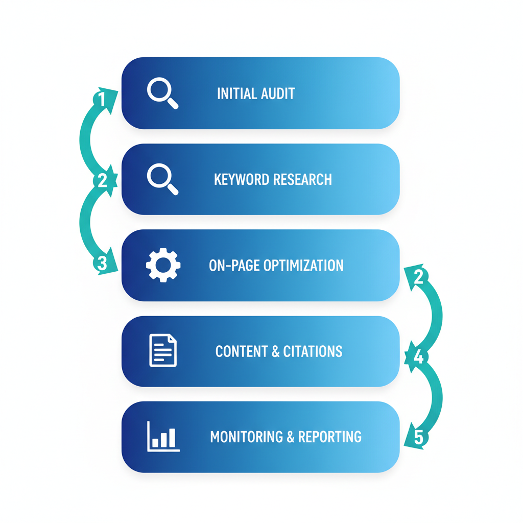 Vertical process flow diagram illustrating five-step local SEO implementation for Deltona businesses