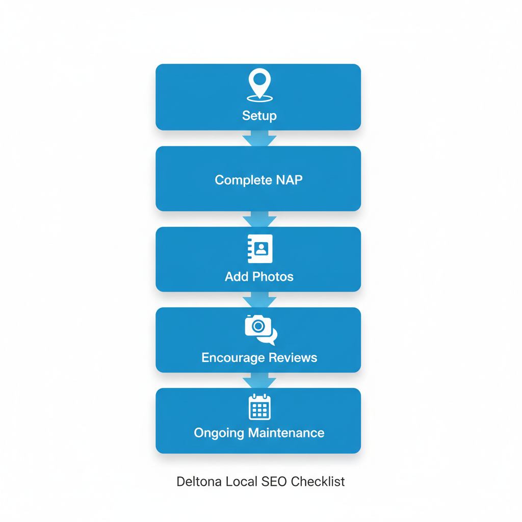 Vertical process flow illustrating five key steps to optimize Google Business Profile for local businesses