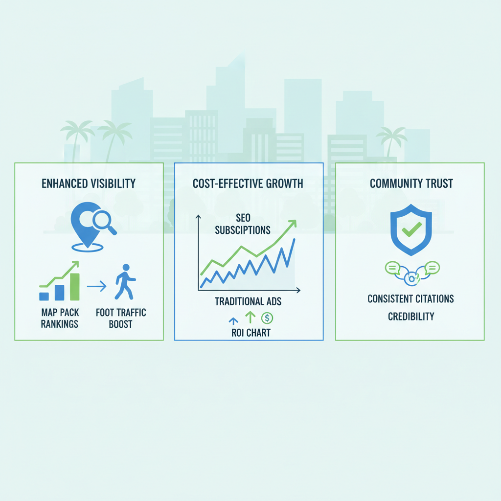 Infographic illustrating three key benefits of local SEO: enhanced visibility, cost-effective growth, and community trust for Deltona businesses