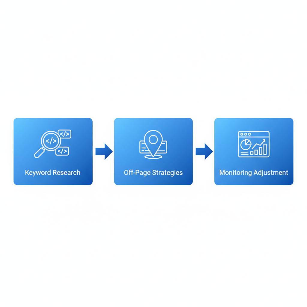Horizontal process flow diagram illustrating three stages of local SEO for Deltona clients: keyword research, off-page strategies, and monitoring with icons and arrows.