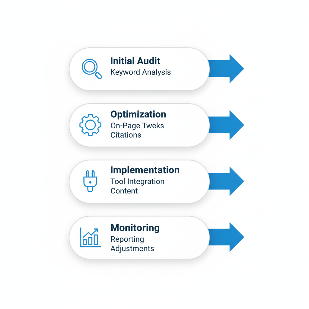 Horizontal process flow diagram illustrating four stages of local SEO for Deltona businesses: audit, optimization, implementation, and monitoring