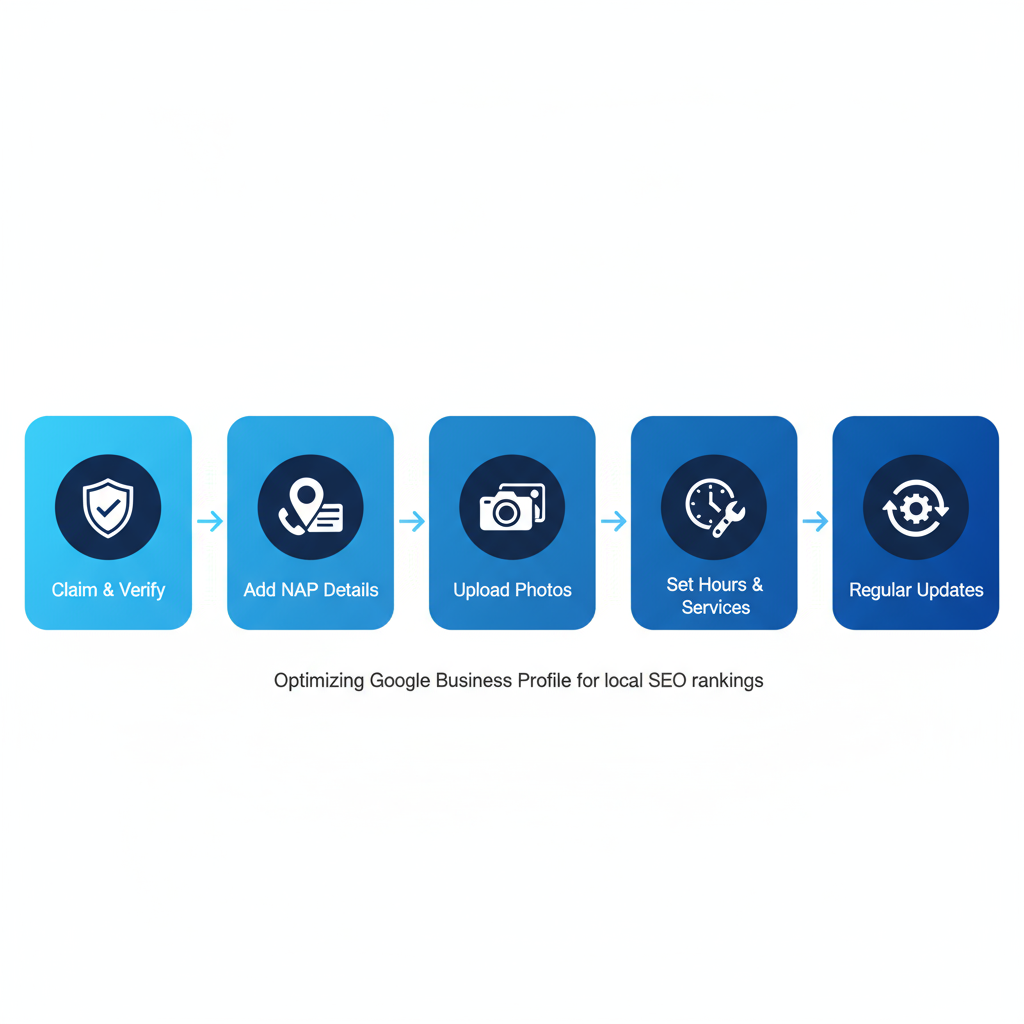 Process flow diagram illustrating key steps to optimize a Google Business Profile for local SEO: claim and verify, add NAP details, upload media, set hours and services, and regular updates.