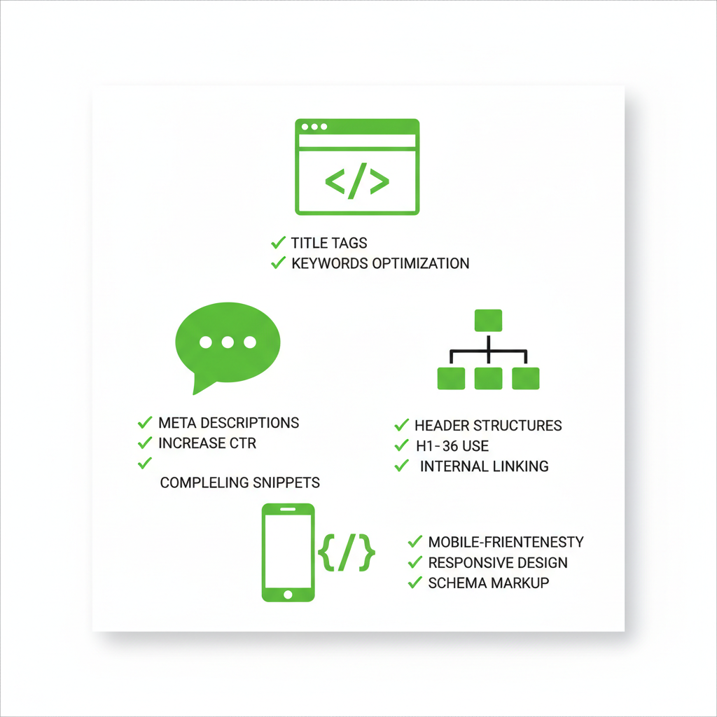 Infographic illustrating four key on-page SEO techniques: title tags, meta descriptions, header structures, and mobile optimization for local businesses.