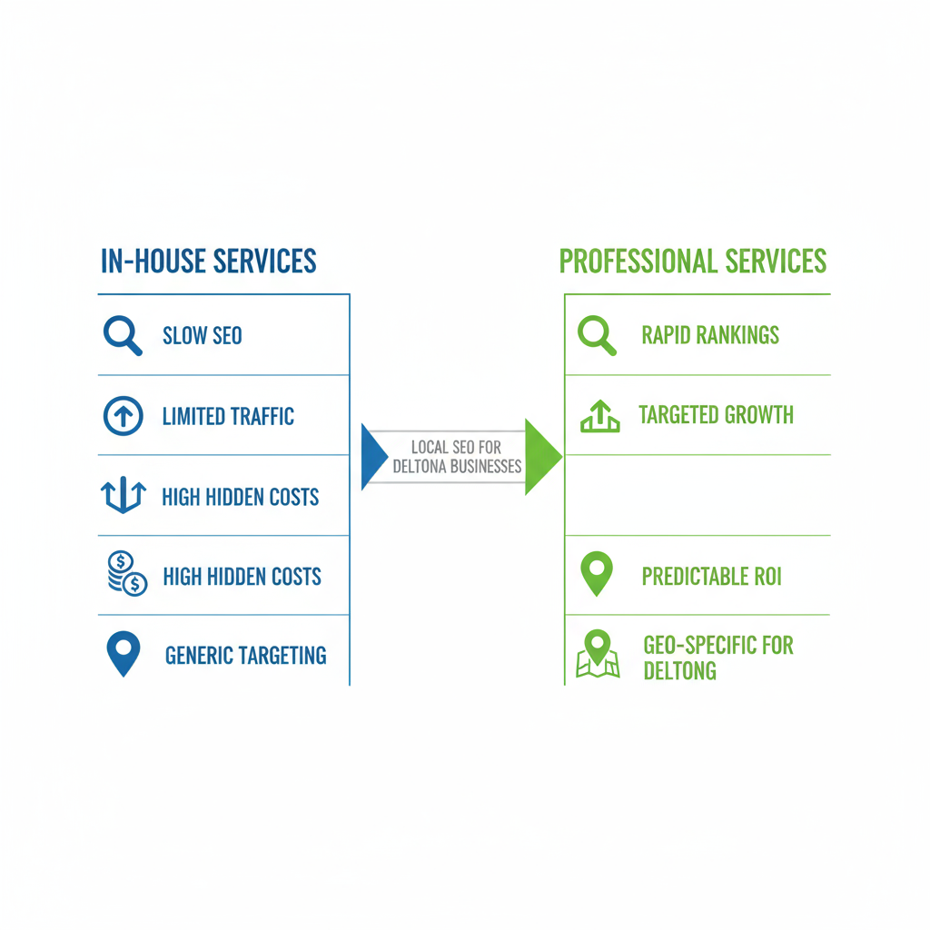 Infographic comparing in-house and professional content services benefits for Deltona local SEO businesses