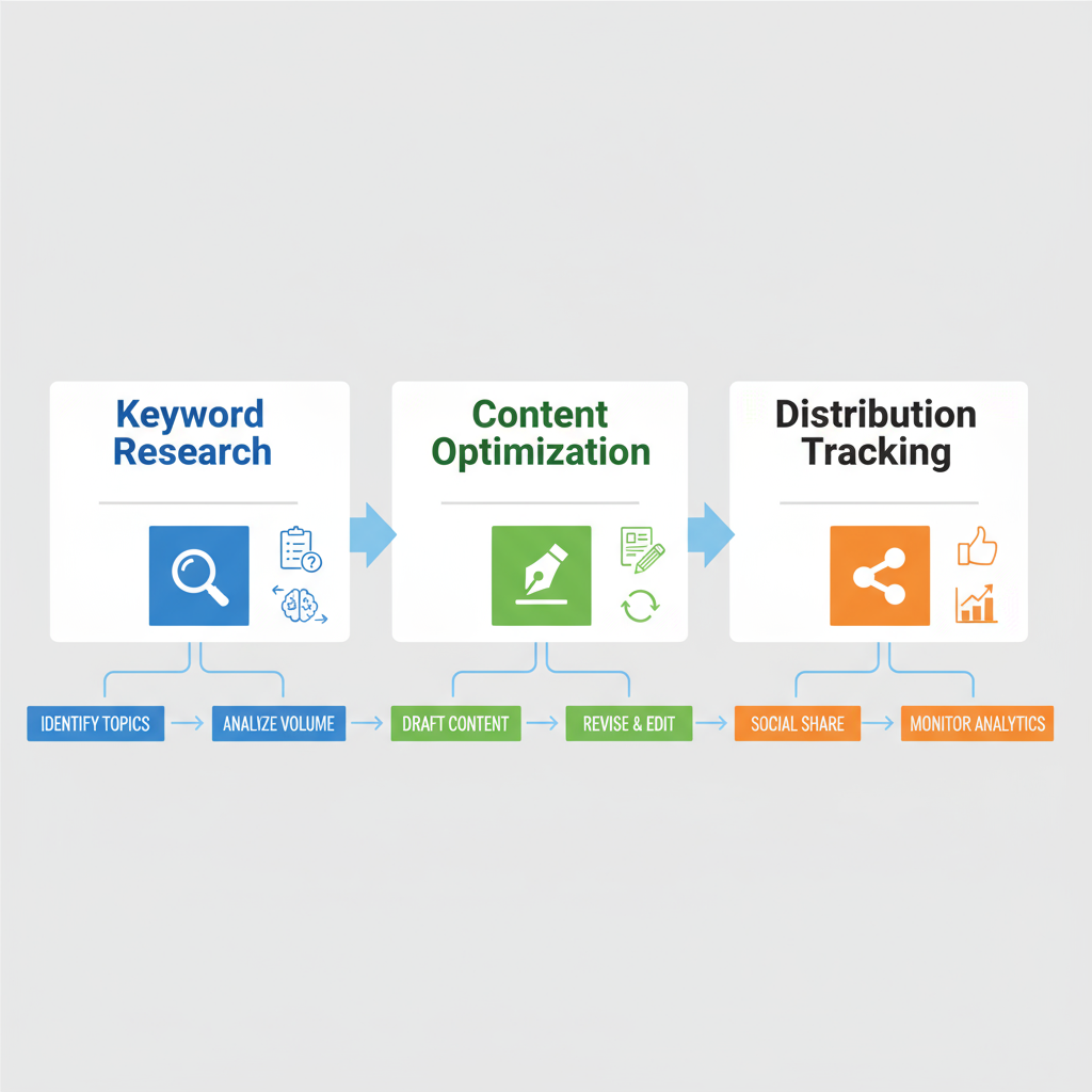 Horizontal process flow diagram illustrating AffordableLocalSEO's content workflow stages: keyword research, production and optimization, distribution and tracking for Deltona businesses