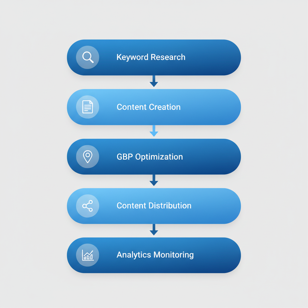 Vertical process flow illustrating 5-step SEO content strategy for local ranking in Deltona
