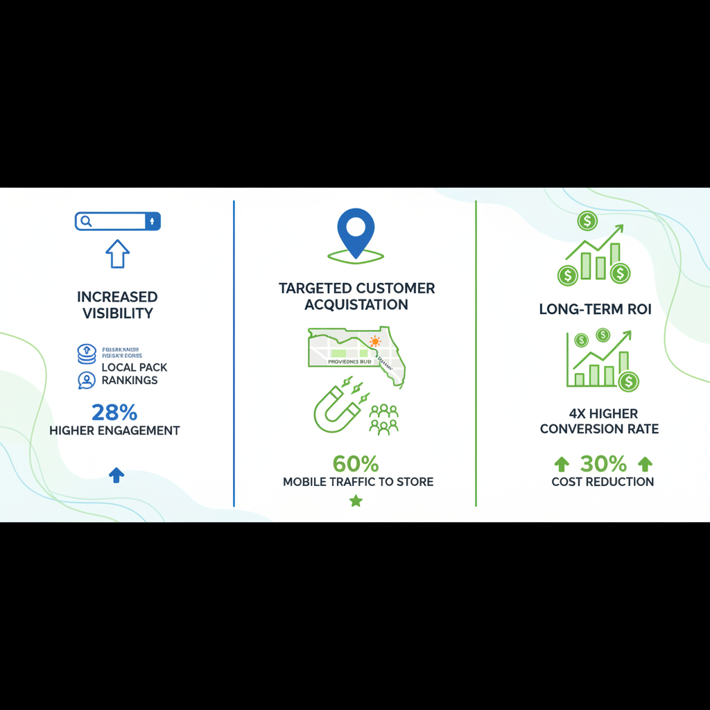 Infographic depicting key benefits of local SEO including visibility, customer acquisition, and ROI for Deltona businesses