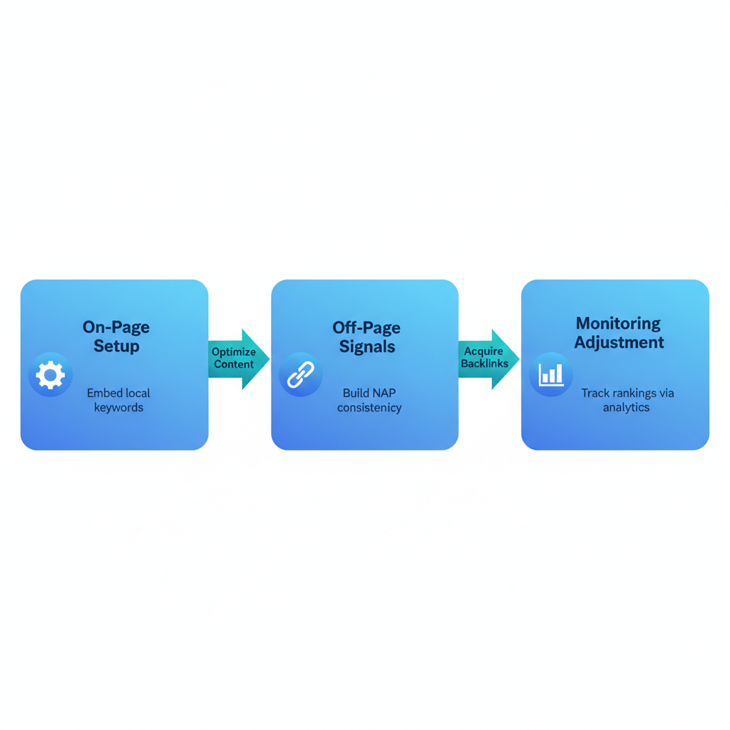 Horizontal process flow diagram illustrating three stages of local SEO in Deltona: on-page setup, off-page signals, and monitoring adjustment