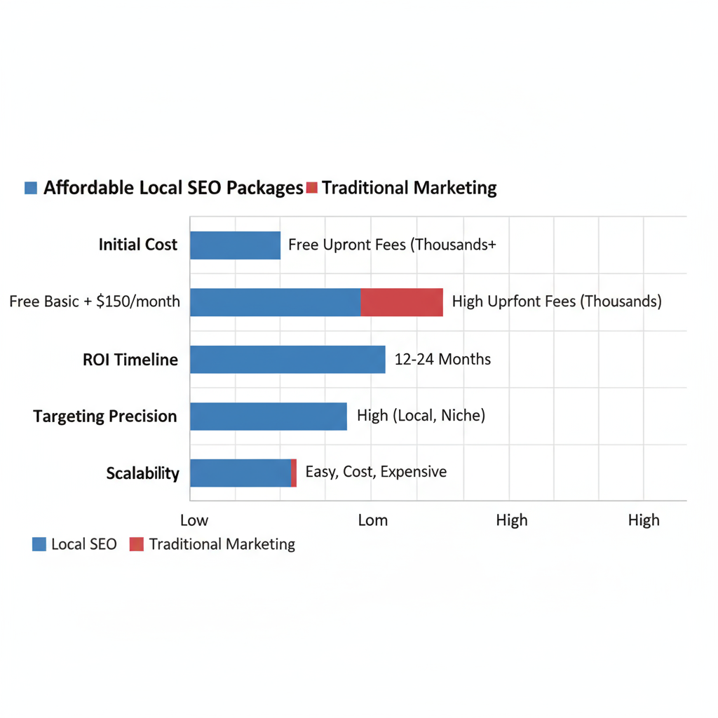 Horizontal bar chart comparing local SEO packages and traditional marketing benefits for Deltona businesses in initial cost, ROI timeline, targeting precision, and scalability