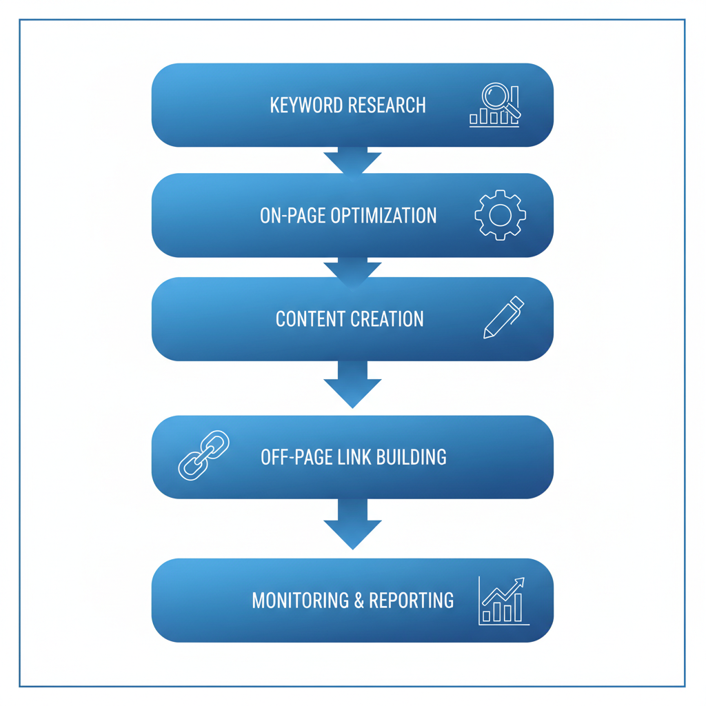 Vertical process flow diagram illustrating five stages of SEO services for Deltona businesses