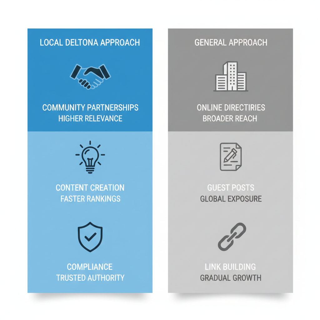 Comparison infographic of local Deltona backlink strategies versus general approaches with icons and impact labels