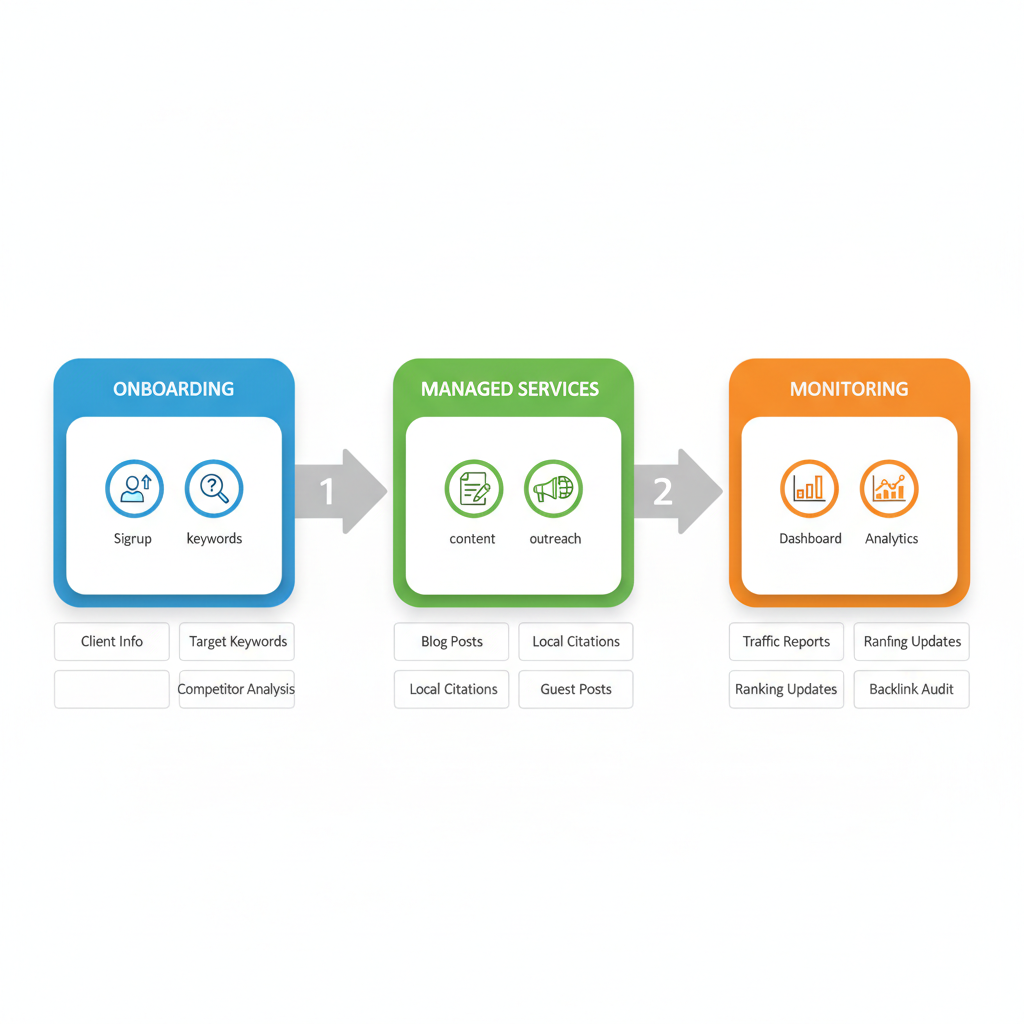 Horizontal process flow diagram illustrating the three stages of AffordableLocalSEO's link building: onboarding, managed services, and monitoring.