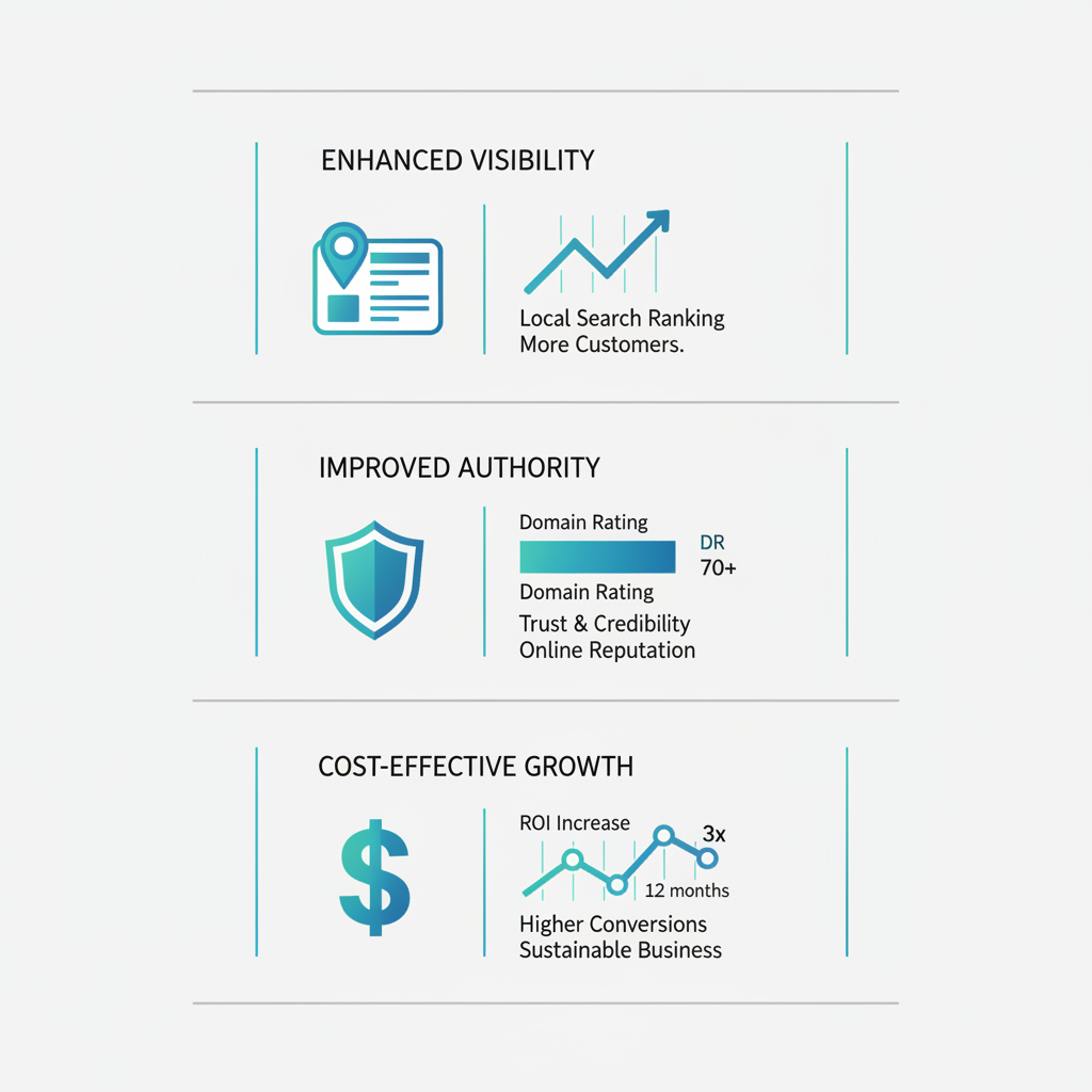 Infographic illustrating benefits of quality link building: enhanced visibility, improved authority, and cost-effective growth for Deltona businesses