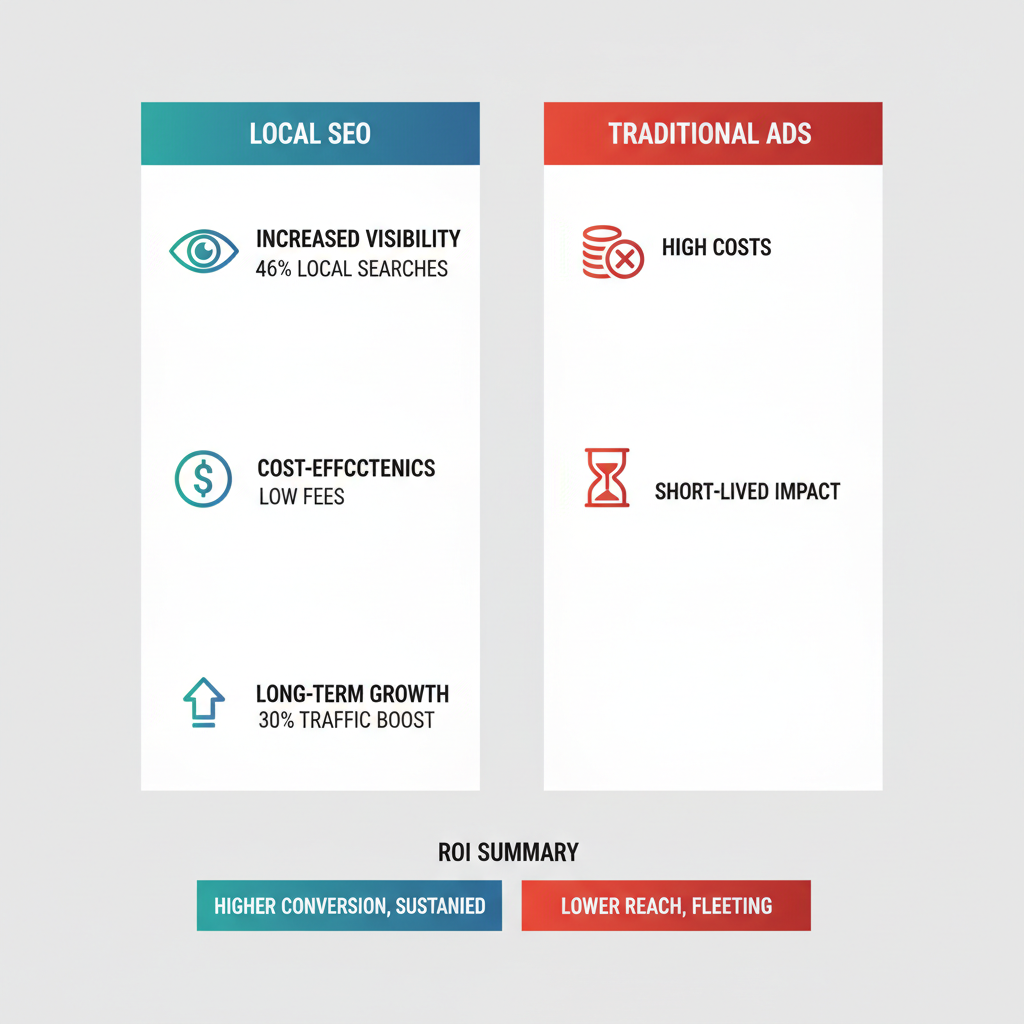 Infographic comparing local SEO advantages over traditional advertising with icons and statistics for DeLand companies