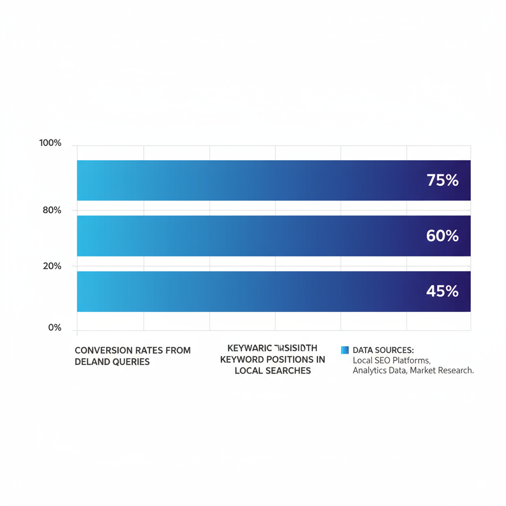 Horizontal bar chart displaying improvements in organic traffic growth, local keyword positions, and conversion rates for DeLand SEO metrics
