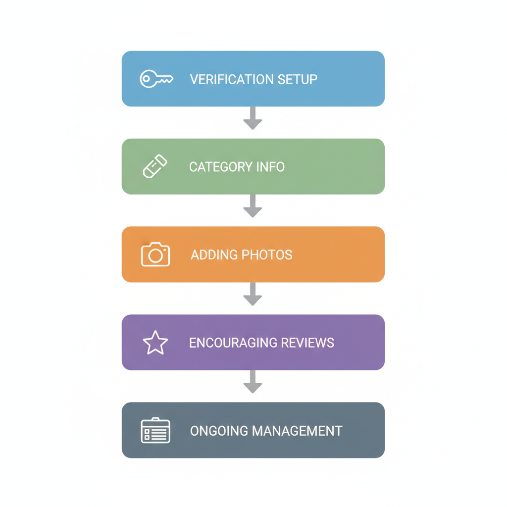 Vertical process flow illustrating five steps to optimize Google My Business profiles for DeLand businesses