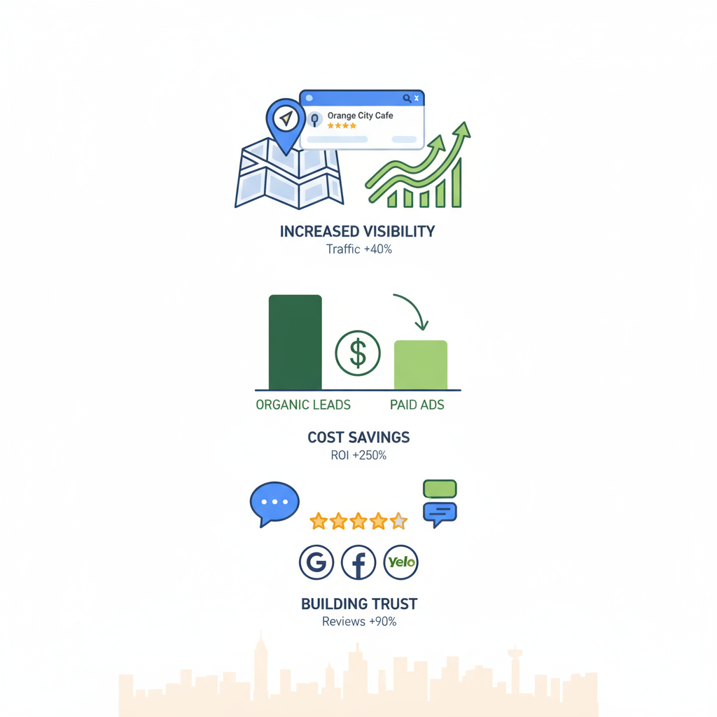 Infographic depicting three benefits of local SEO: increased visibility via map and rankings, cost-effective ROI comparison, and trust through reviews and citations for Orange City businesses