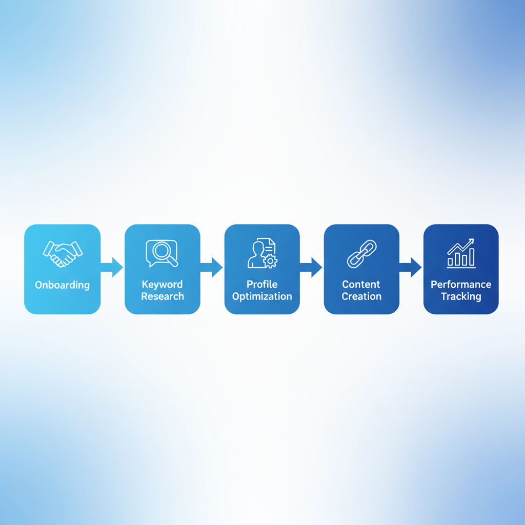 Horizontal process flow diagram showing five steps of local SEO services in Orange City with icons and brief labels
