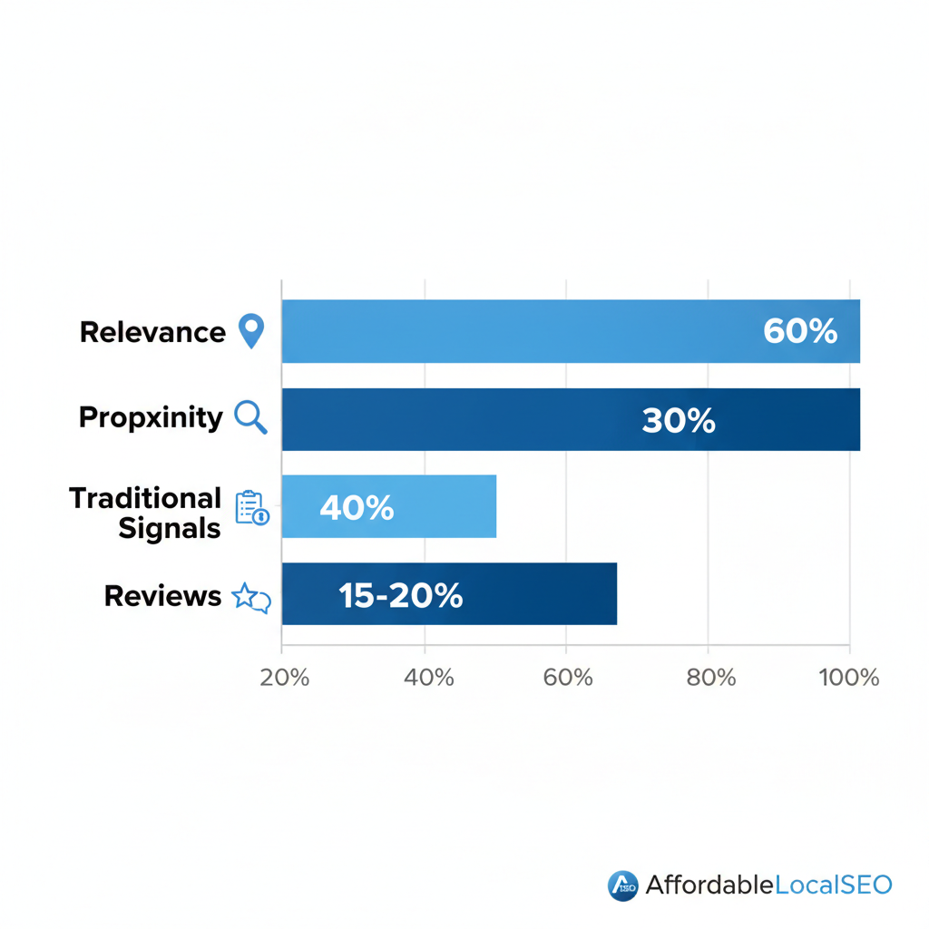 Horizontal bar chart showing weights of local SEO ranking factors: relevance 60%, proximity 30%, traditional signals 40%, reviews 15-20%, with DeLand icons