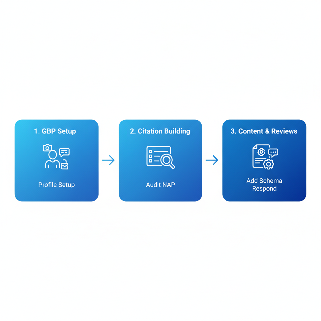 Horizontal process flow diagram illustrating three stages of local SEO implementation: GBP setup, citation building, and content with reviews.