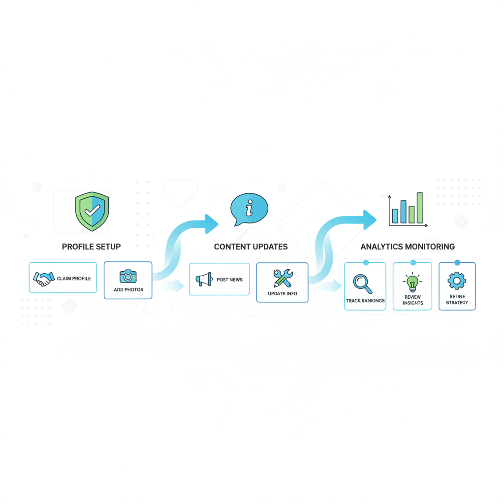 Horizontal process flow diagram illustrating Google My Business optimization stages: setup, updates, and monitoring for local SEO.
