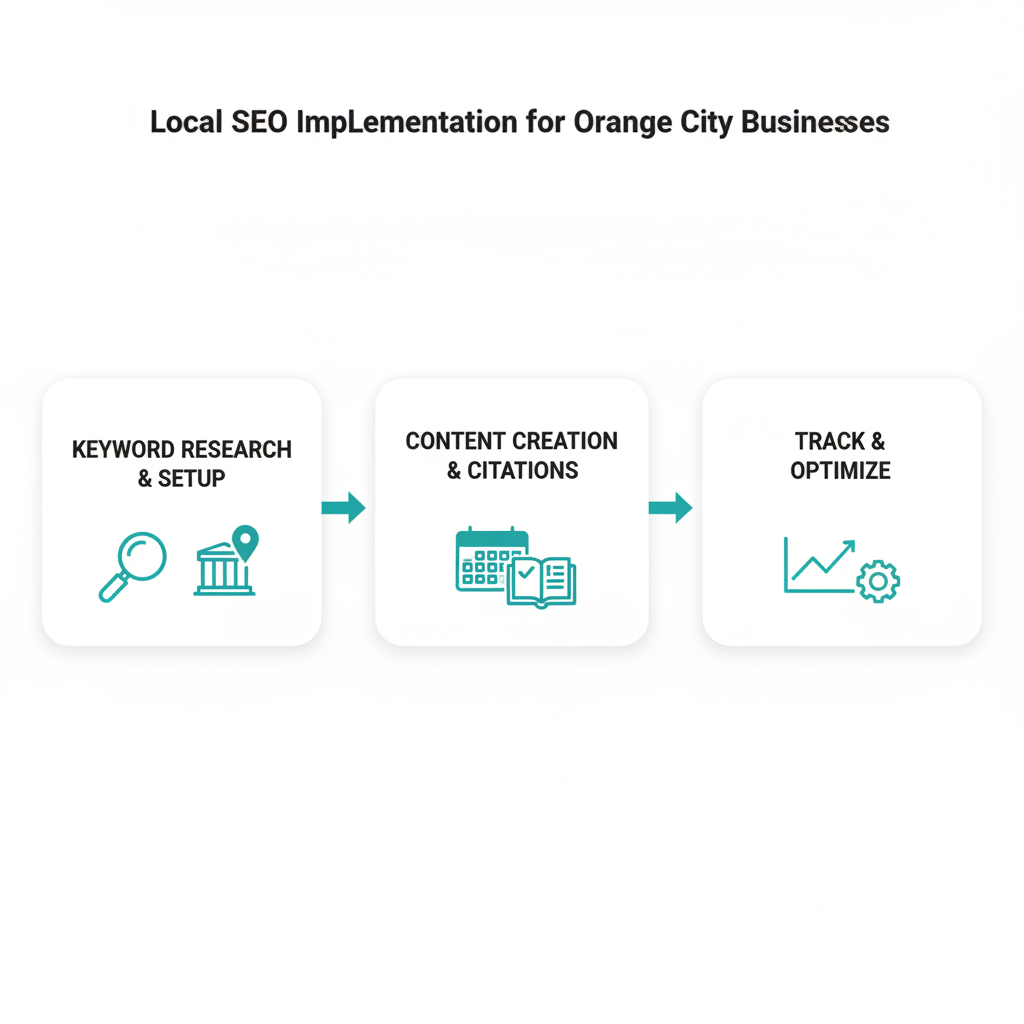 Horizontal process flow diagram illustrating three key steps for local SEO implementation in Orange City